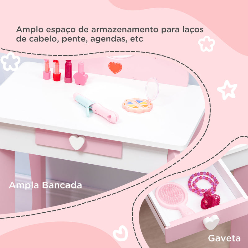 Toucador Infantil com Banco e Espelho Toucador Infantil de Madeira com Gaveta Mesa de Maquilhagem para Crianças entre 3-6 Anos 50x36,5x89,5cm Rosa