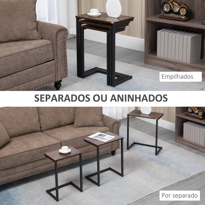 Conjunto de 3 Mesas Auxiliares em Forma de C Mesas de Estilo Industrial com Pés de Aço para Sala de Estar Dormitório Escritório 45x30x60cm 40x28x56cm e 34x25x50cm Marrom Rústico