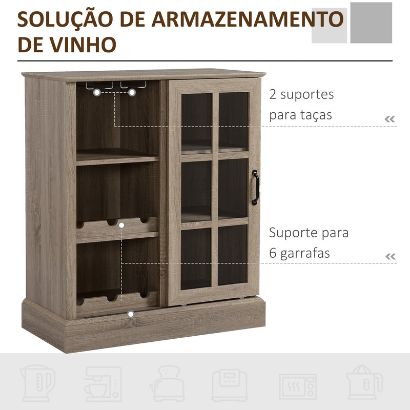 Aparador de Cozinha Moderno com Porta de Vidro Suporte para 6 Taças e Suporte para até 6 Garrafas Móvel Auxiliar de Armazenamento para Sala de Jantar Sala de Estar 79x39x92cm Marrom