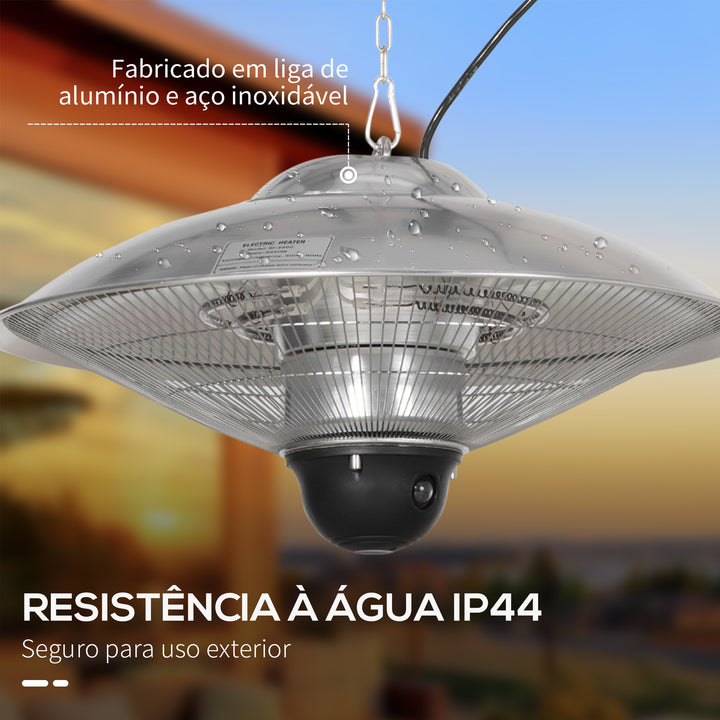 Aquecedor de Jardim Elétrico 1010W/1200W Aquecedor de Exterior de Teto de Infravermelho com Controlo Remoto 2 Níveis de Calor Proteção IP44 para Terraço Pátio Ø58,5x33cm Prata