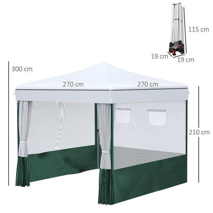 Tenda Dobrável 2,7x2,7cm Tenda de Jardim com Proteção UV30 Altura Ajustável em 3 Níveis 2 Janelas e Bolsa de Transporte para Pátio Varanda Branco e Verde