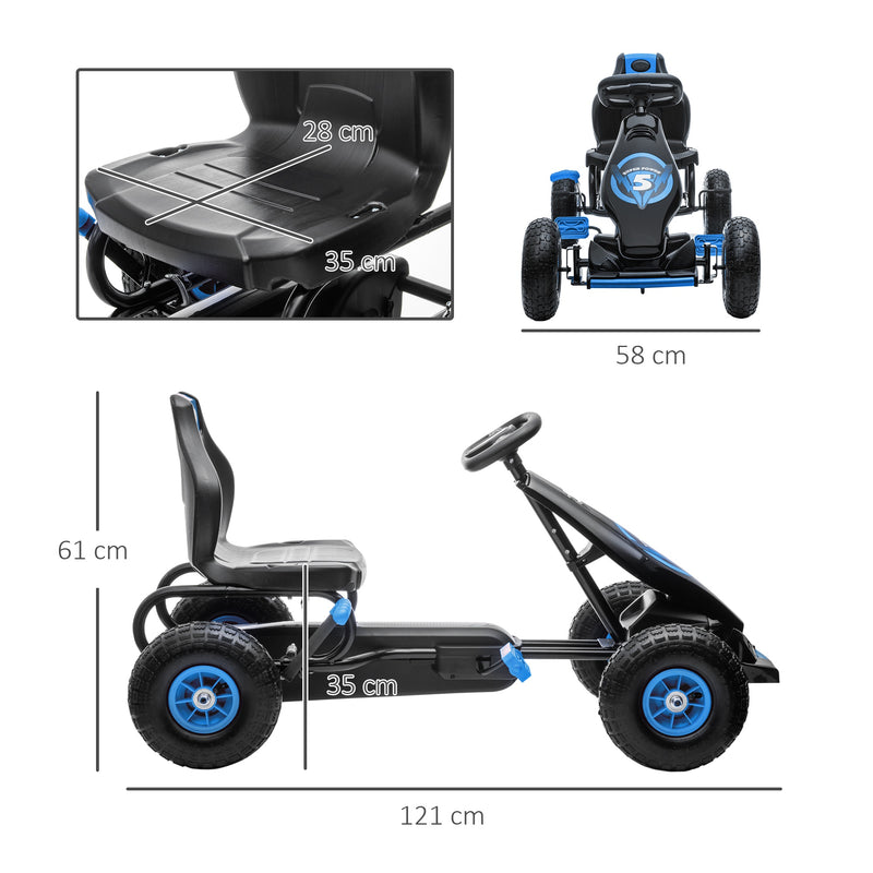 Kart a Pedais para Crianças 5-12 Anos Kart a Pedais Infantil com Assento Ajustável Pneus Insufláveis Amortecimento e Travão de Mão Carga Máx. 50kg 121x58x61cm Azul