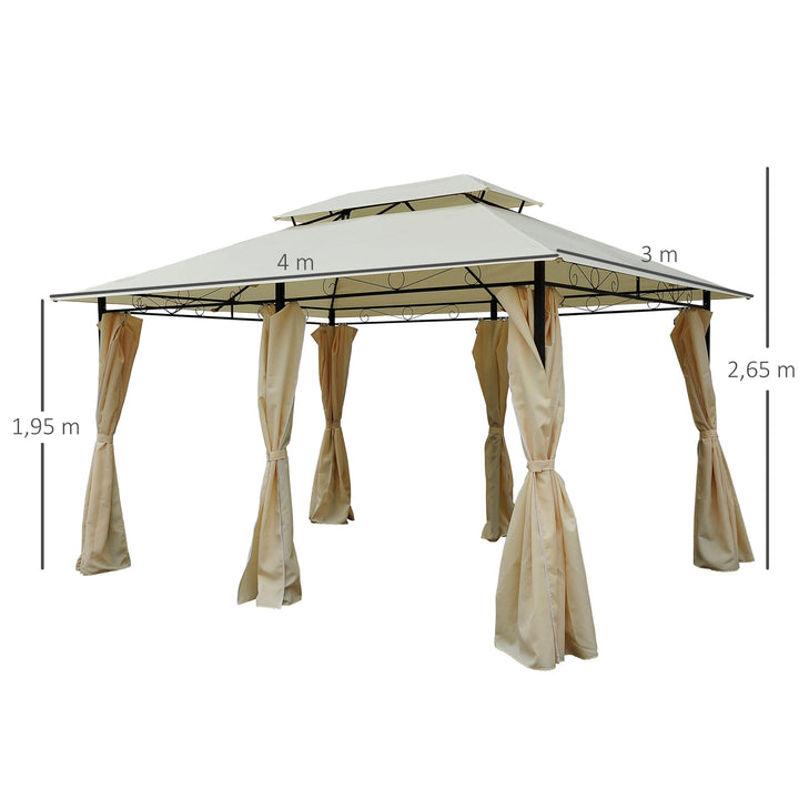 Pérgola de jardim 3x4 m estrutura de aço telhado Duplo 6 Cortinas Laterais 8 Orifícios de Drenagem Boa Ventilação para Festas Eventos Creme