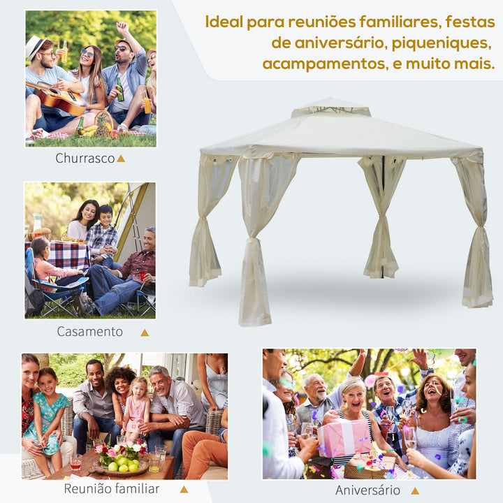 Pérgola de Jardim 3x3m Pérgola de Exterior com Duplo Teto de Ventilação 4 Cortinas Laterais 4 Orifícios de Drenagem e 4 Telas Mosquiteiras com Zíper para Festas Pátio Creme