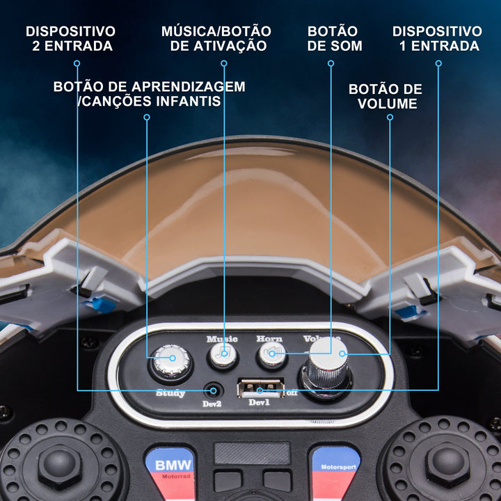 Mota Elétrica BMW HP4 para Crianças Acima de 18 Meses Mota de Bateria 6V com Música USB Velocidade 2,5km/h Avance e Retrocesso Carga Máxima 30kg 82,5x42x54cm Azul