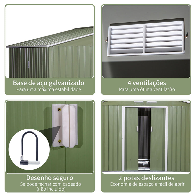 Abrigo de Jardim Exterior Abrigo e Jardim Metálico para Armazenamento de Ferramentas com Base Incluída e 4 Janelas 5,2 m² 277x195x192cm Verde Claro