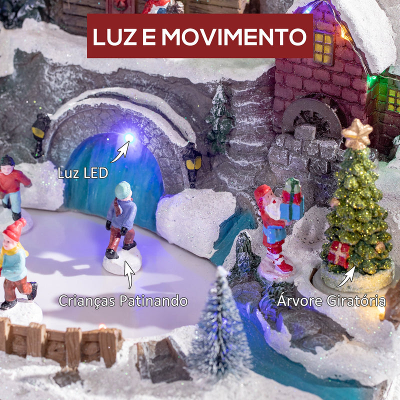 Aldeia de Natal Cena Decorativa de Natal Iluminada com Luzes LED Árvore Giratória e Pista de Patinagem Decoração de Natal de Mesa 32x25,5x24cm Multicor