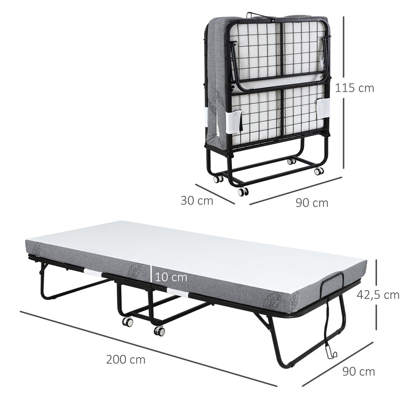 Cama Dobrável 200x90x42,5cm Cama de Campismo Portátil com Colchão Individual Rodas e Freios Carga Máxima 150kg para Dormitórios Branco