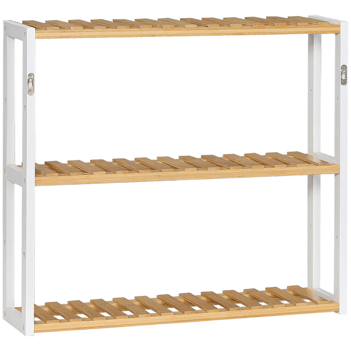 Estante de Parede de Bambu Prateleiras de Parede de 3 Níveis Estante Suspensa para Sala de Estar Dormitório Cozinha Casa de Banho 60x15x54cm Madeira e Branco