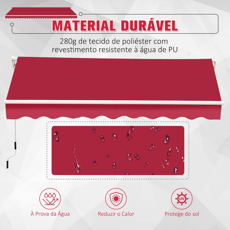 Toldo de Alumínio Manual Dobrável 395x245cm com Manivela para pátio Varanda Jardim e Terraço Tecido de poliéster 280g m² - Vermelho