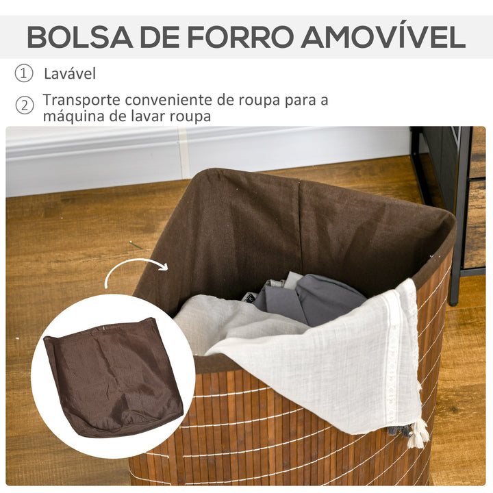 Cesto de Roupa de Bambu Capacidade de 55L Cesto para Roupa Suja em Forma de Leque com Tampa e Bolsa Amovível 38x38x57cm Marrom