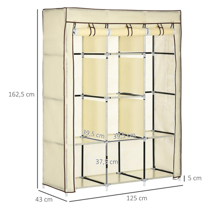 Roupeiro de Tecido Dobrável Armário Portátil com 8 Prateleiras de Armazenamento e 2 Barras de Pendurar Organizador de Roupa para Dormitório Vestidor 125x43x162,5cm Creme