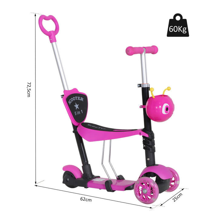 5 em 1 trotinete para crianças de acima de 1 ano 3 rodas trotinete com assento removível guiador ajustável 62x25x72,5 cm Rosa