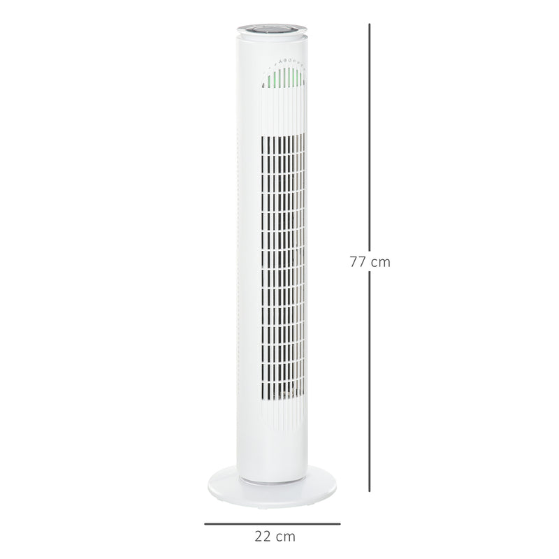 Ventoinha de Torre com Controlo Remoto ou Controlo Manual Temporizador de até 10h Oscilação 70° 3 Velocidades e 3 Modos 45W Ø22x77 cm Branco