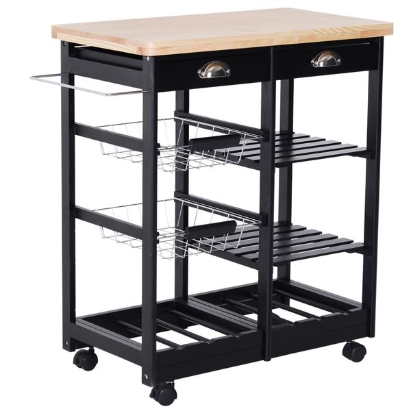 Carrinho de Cozinha com Rodinhas com Prateleira e Gaveta 74x37x76cm Preto