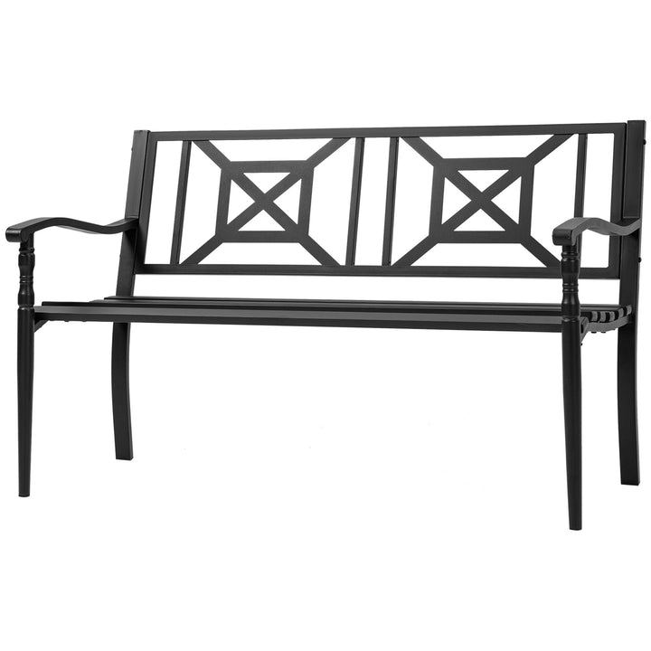 Banco de Jardim de 2 Lugares Banco de Exterior de Aço com Apoio para os Braços e Encosto Decorativo para Terraço Varanda Pátio Carga 280kg 128x62,5x81,5cm Preto