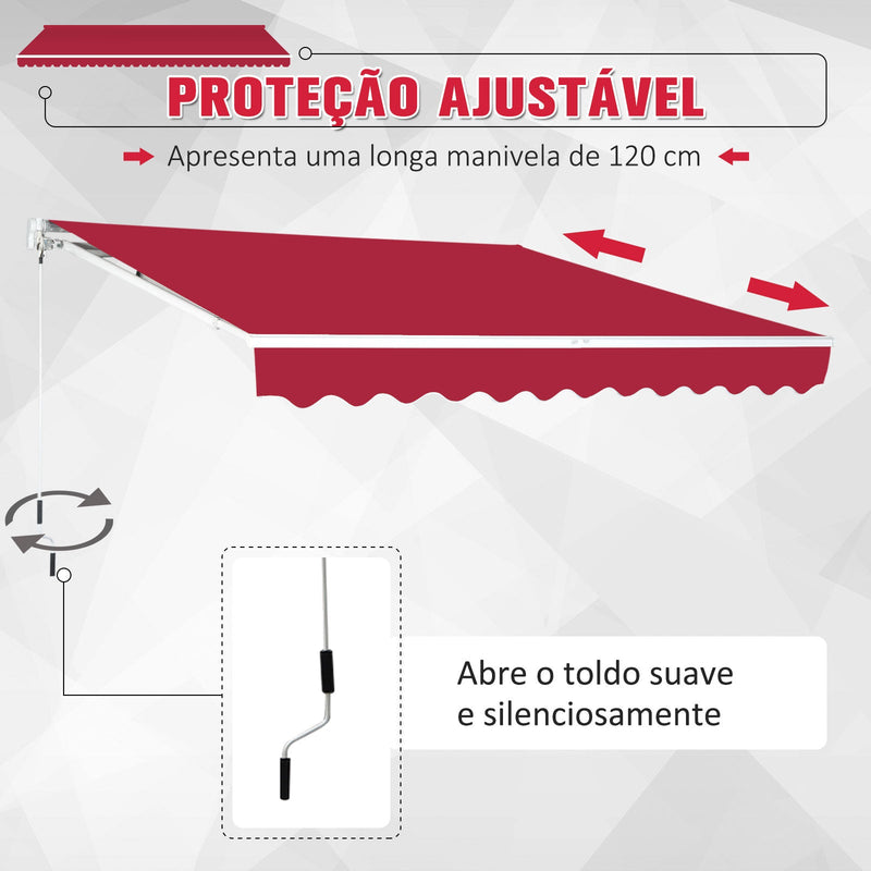 Toldo de Alumínio Manual Dobrável 395x245cm com Manivela para pátio Varanda Jardim e Terraço Tecido de poliéster 280g m² - Vermelho