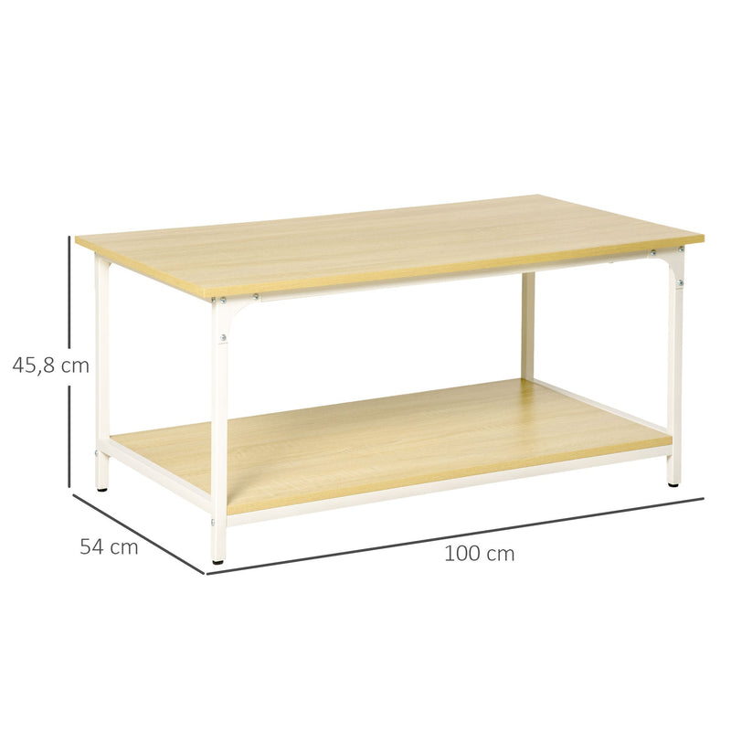 Mesa de Centro para Sala de Estar Moderna Mesa de Centro com Prateleira de Armazenamento Pés Ajustáveis e Estrutura de Aço para Escritório 100x54x45,8cm Natural