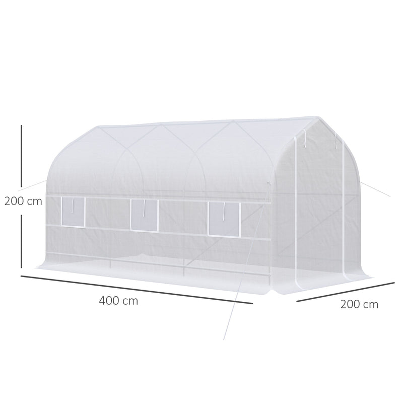 Estufa de Jardim 400x200x200cm Tipo Túnel com 6 Janelas Transpiráveis e Portas Enrolável com Zíper para Cultivo de Plantas e Verduras Branco