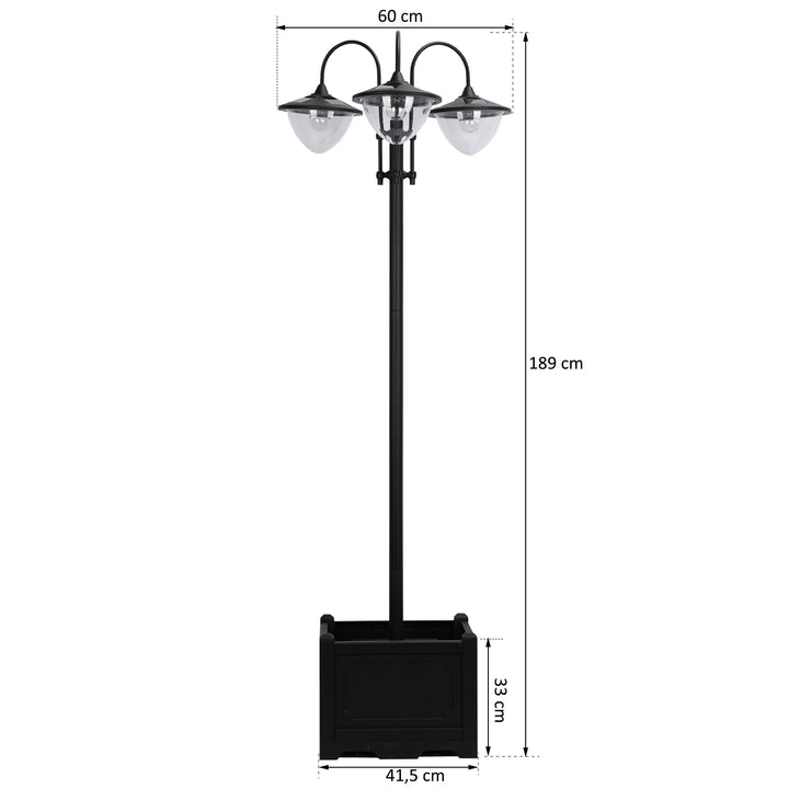Candeeiro Solar de Jardim com 18 Luzes LED Branco Frio 6000K Impermeável IP44 Sensor de Noite e Base em Forma de Floreira Candeeiro de Exterior para Terraço Pátio 60x55x189cm Preto