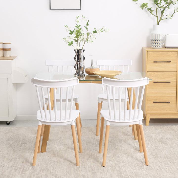 Conjunto de 4 Cadeiras Estilo Nórdico Cadeiras de Cozinha com Encosto Alto Assento de Polipropileno e Pés de Madeira de Faia Carga Máx. 120kg 43x52,5x83cm Branco e Madeira