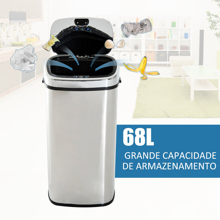 Balde de Lixo Inteligente de Aço Inoxidável 68L com Sensor Infravermelho de Abertura Automática e Contato Manual para Cozinha Dormitório Casa de banho 40,5x29,578cm Prata