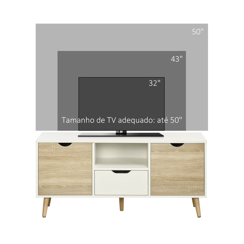 Móvel de TV com Gaveta 2 Portas e Prateleira Mesa de TV para Televisores de até 50 Polegadas Aparador de Sala de Estar 110x40x50cm Branco e Madeira