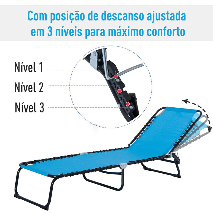 Espreguiçadeira de jardim dobrável e ajustável com 3 posições sistema de laço Estrutura de Aço 197x58x76 cm azul claro