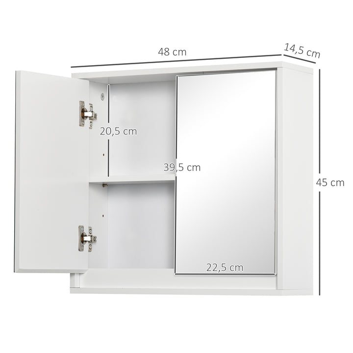 Armário de Casa de Banho com Espelho Móvel Suspenso de Casa de Banho com Prateleira Interior Ajustável em 3 Níveis e 2 Portas 48x14,5x45 cm Branco