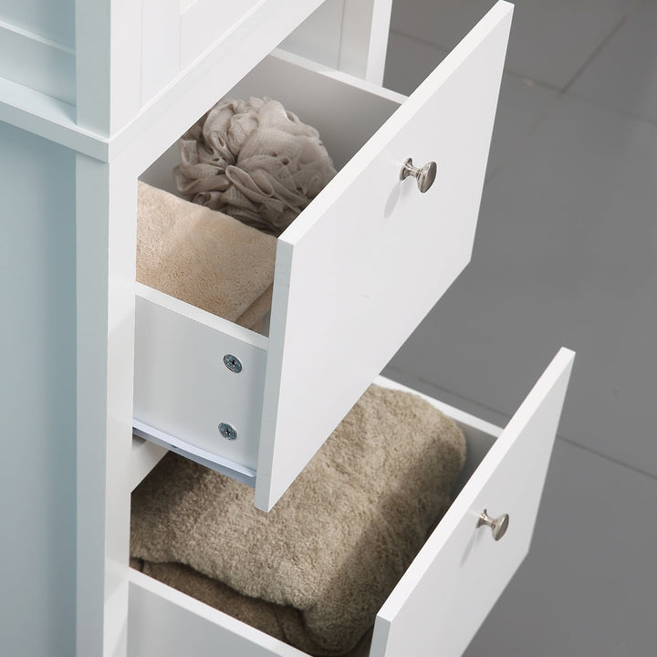 Armário alto para banheiro Armário com 1 porta de vidro prateleiras ajustáveis e 2 gavetas 43x35x160 cm Branco