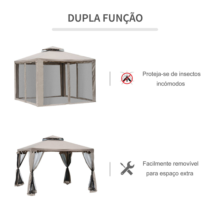 Pérgola de Jardim 3x3m Pérgola de Exterior com Duplo Teto de Ventilação 4 Cortinas Laterais 4 Orifícios de Drenagem e 4 Telas Mosquiteiras com Zíper para Festas Pátio Marrom Cáqui