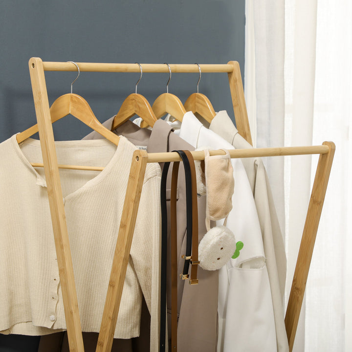 Suporte para Cabides de Bambu Porta Cabides com Prateleira para Sapatos 2 Barras e 2 Ganchos para Corredor Entrada Dormitório 74x42x150 cm Madeira