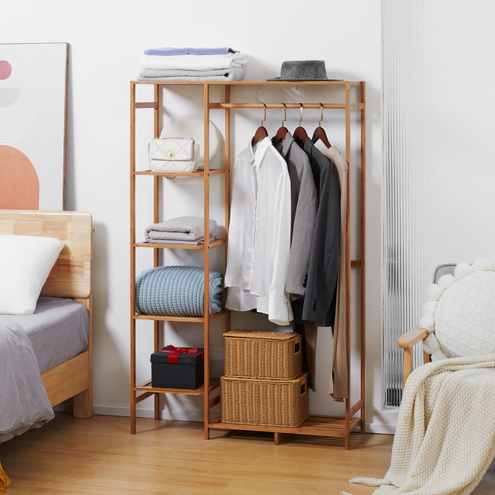 Suporte para Cabides de Bambu Cabideiro para Roupa com Prateleira de Armazenamento de 6 Níveis e Barra de Suspensão para Sala de Estar Dormitório Entrada 90x30x145 cm Madeira
