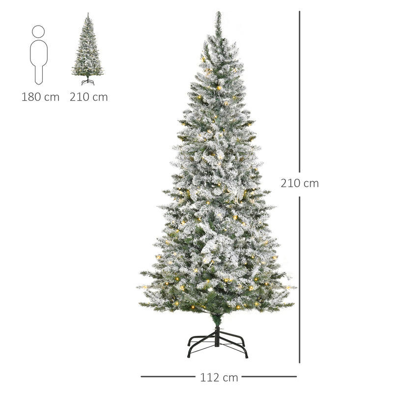 Árvore de Natal 210 cm com 250 Luzes LED Árvore de Natal Nevada com 829 Ramos e Base Dobrável de Metal Decoração de Natal para Interiores Ø112x210 cm Verde