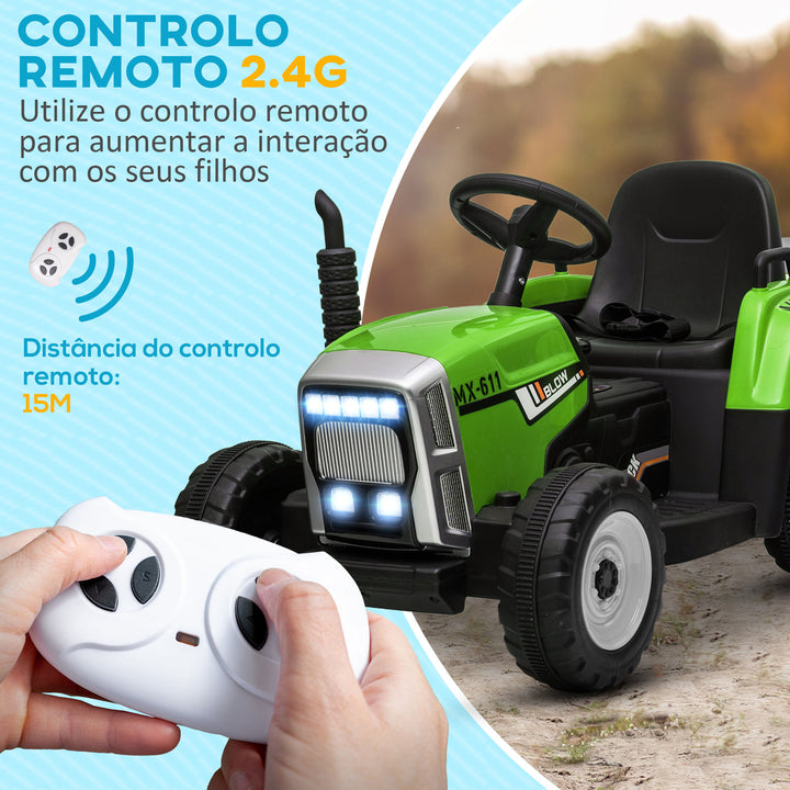 Trator Elétrico com Reboque Amovível Carro Elétrico para Crianças 3-6 Anos com Controlo Remoto Música MP3 Luzes e Cinto de Segurança 136,5x50x52,5 cm Verde