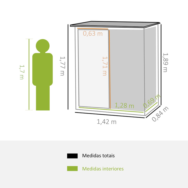 Abrigo de Jardim 1,07m² 142x84x189cm Abrigo de Jardim de Aço Galvanizado com Porta Fechadura e Orifícios de Drenagem para Armazenamento de Ferramentas Cinza