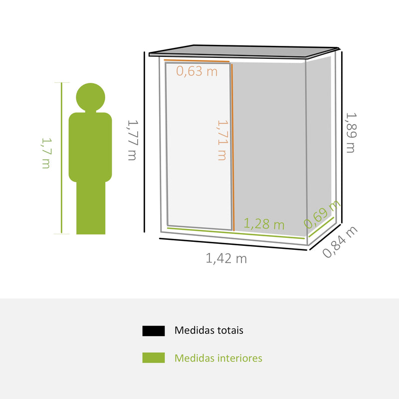 Abrigo de Jardim 1,07m² 142x84x189cm Abrigo de Jardim de Aço Galvanizado com Porta Fechadura e Orifícios de Drenagem para Armazenamento de Ferramentas Cinza