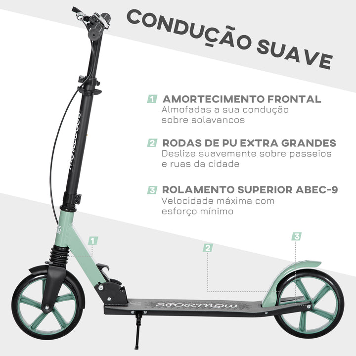 Trotinete Dobrável para Adultos e Crianças acima de 14 Anos Trotinete com Guiador Ajustável Rodas Grandes de 200mm Amortecimento e Travão Carga Máxima 100kg 91,5x36,5x91-104cm Verde