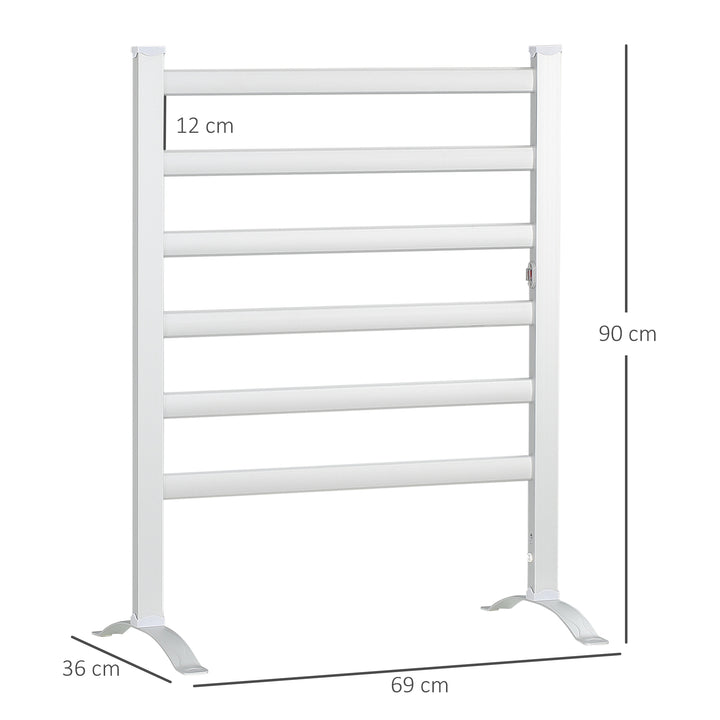 Toalheiro Elétrico para Casa de Banho 140W IPX4 Aquecedor de Toalhas Parede ou Chão com 6 Barras Liga de Alumínio 90x36x69cm Prata