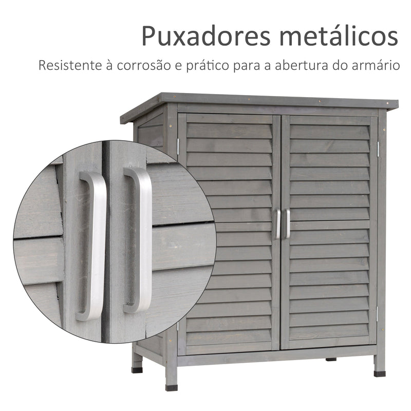 Armário de Armazenamento de Madeira para Jardim com 2 Prateleiras Interiores 2 Portas e Teto Inclinado para Exterior Terraço 87x46,5x96,5cm Cinza