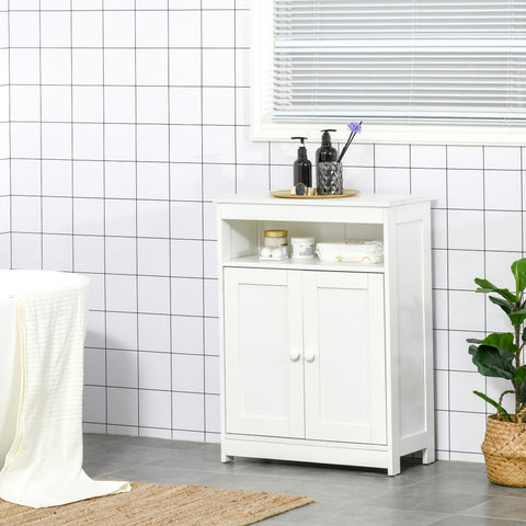 Armário para Casa de Banho com 2 Portas Prateleira Interior Ajustável e Compartimento Aberto Móvel Auxiliar de Armazenamento para Sala de Estar Cozinha 60x30x80cm Branco