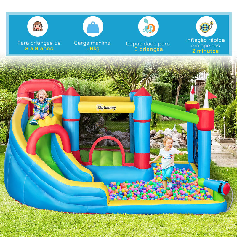 Castelo Insuflável Infantil com Escorrega Castelo Insuflável para Crianças de 3-8 Anos com Trampolim Piscina Insuflador e Bolsa de Transporte 390x300x197cm Multicolorido