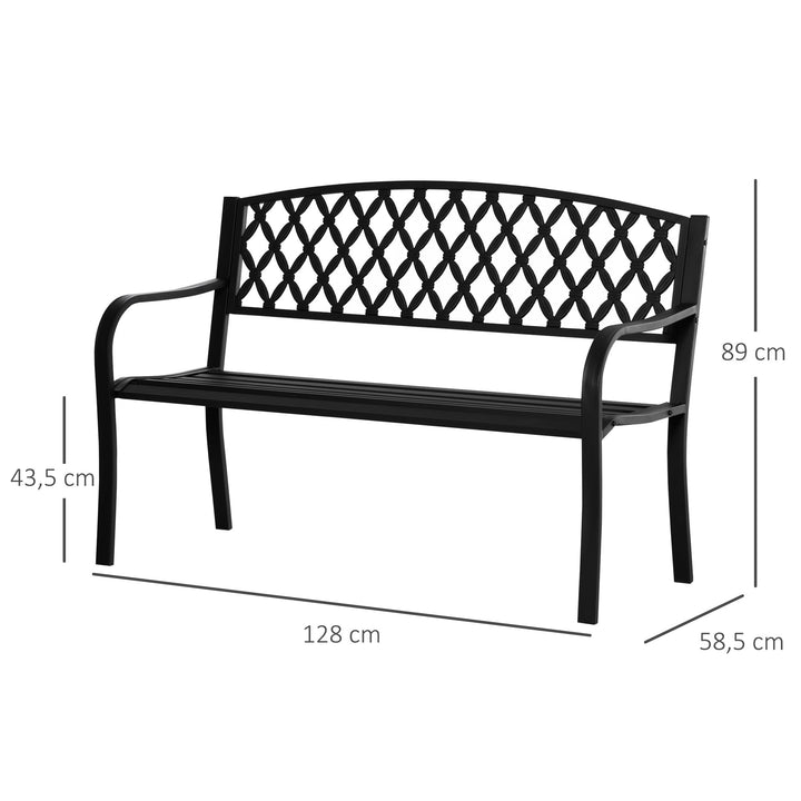 Banco de Jardim de 2 Lugares com Encosto Decorativo e Apoio para os Braços para Terraço Varanda Pátio Exterior Carga 280kg Ferro Fundido e Aço 128x58,5x89cm Preto