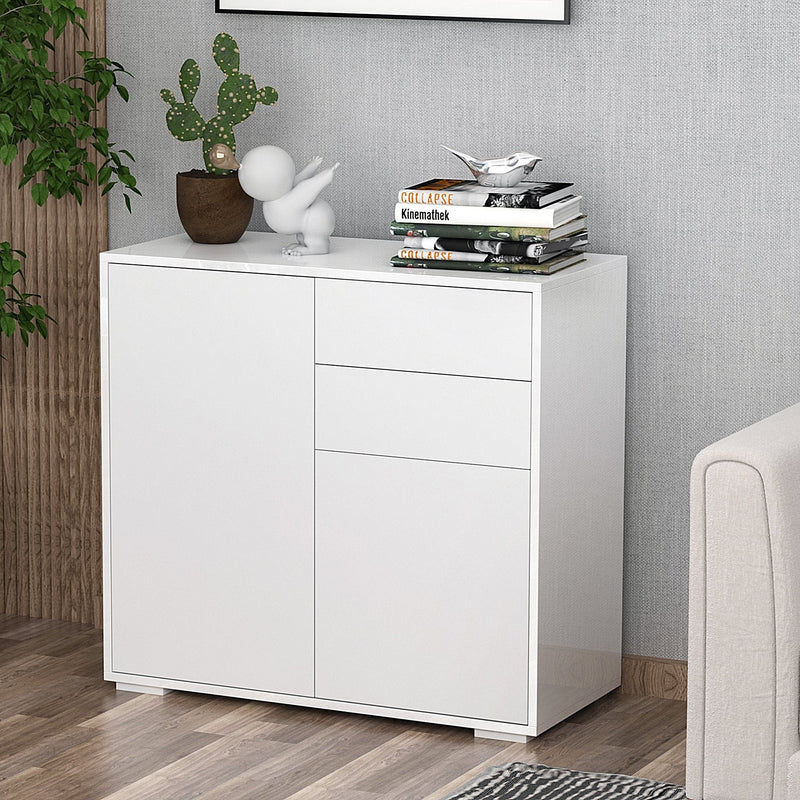 Aparador Auxiliar com 2 Portas 2 Gavetas e Prateleira Ajustável Abertura a Pressão Móvel Organizador de Armazenamento para Dormitório Sala de Estar 79x36x74cm Branco