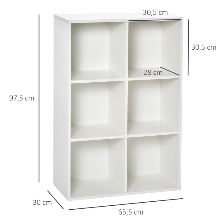 Estante para Livros Estante de Madeira de 3 Níveis com 6 Compartimentos de Armazenamento para Sala de Estar Dormitório Escritório 65,5x30x97,5cm Branco
