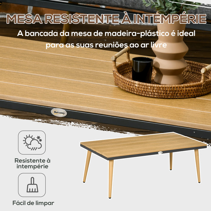Conjunto de Móveis de Jardim de Vime 4 Peças Conjunto de Jardim com Sofá de 2 Lugares 2 Poltronas e Mesa de Centro com Bancada de Madeira e Plástico para Varanda Pátio Cinza