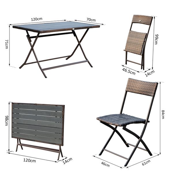 Conjunto de Mesa Cadeiras Móveis Dobrável Vime para Jardim Exterior Pátio Terraço 7 Pcs Aço - Cor Castanho - 61x46x84cm