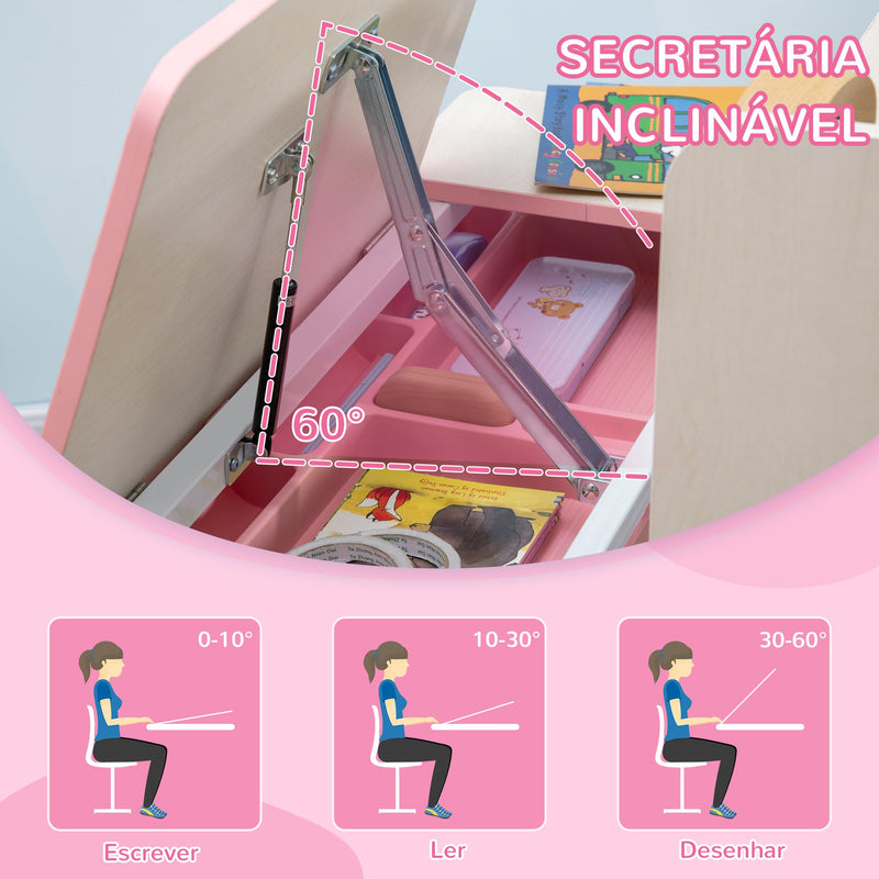 Conjunto de Secretária e Cadeira para Crianças acima de 3 Anos com Altura Ajustável Secretária Infantil com Bancada Inclinável Gaveta e Prateleira para Livros 80x52x88x109cm e 35,5x44,5x66-80cm Rosa