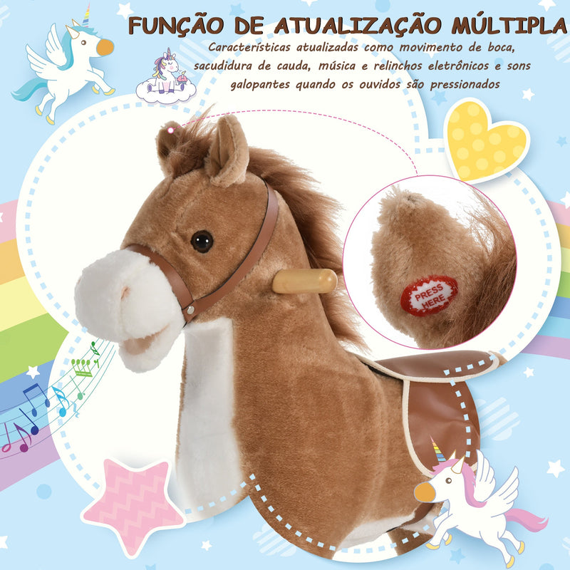 Cavalo de balanço para crianças acima de 36 meses Com boca e cauda móveis Música 65x32,5x61 cm Marrom