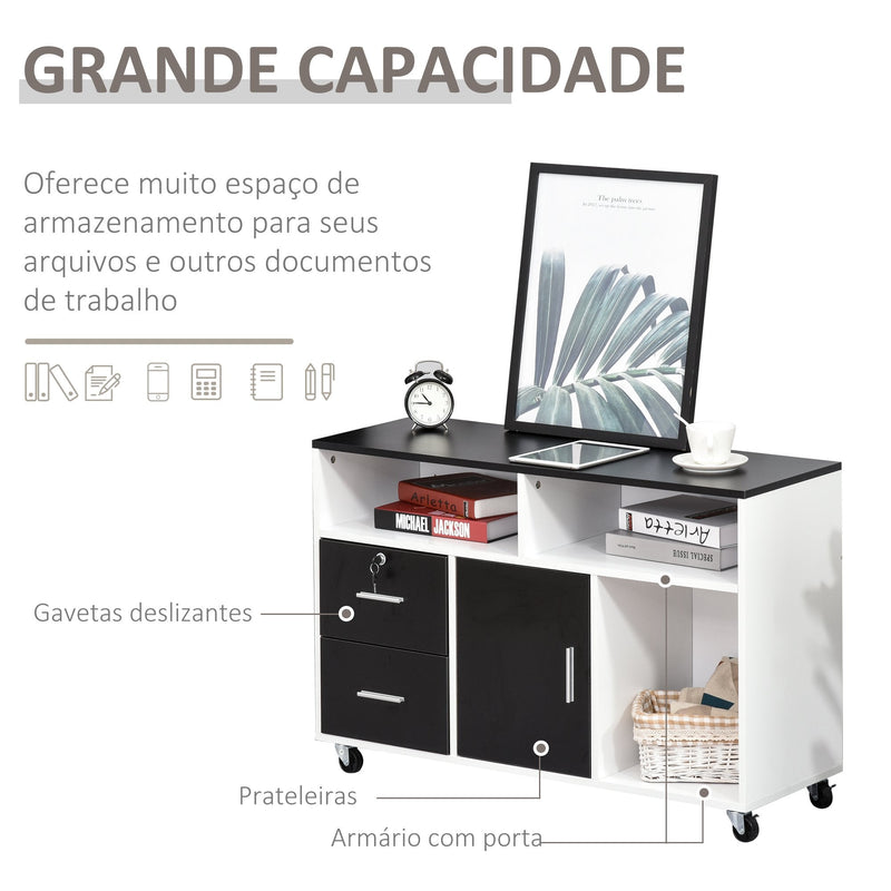 Armário Auxiliar multiusos de Escritório para Impressora com Prateleiras e Gavetas Grande Arrumação 100x35x65 cm Preto e Branco